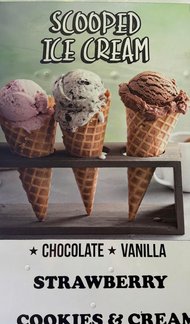 Scooped ice cream menu — chocolate, vanilla, strawberry, cookies & cream